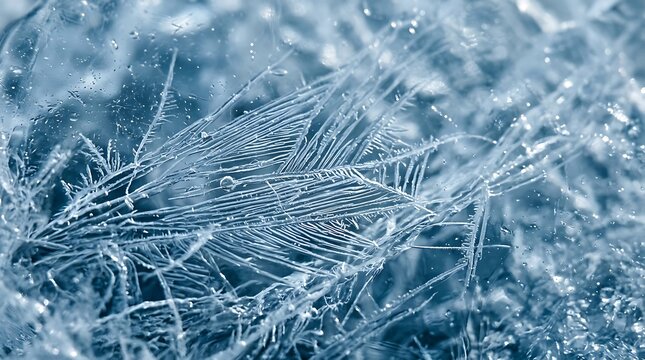 Beautiful ice crystals and frost patterns on a cold window pane during winter. ultra fine striations