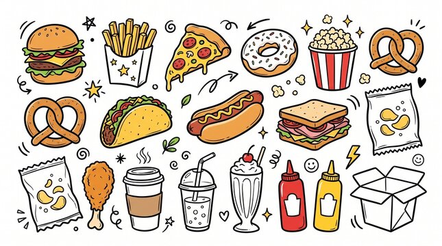 Hand Drawn Fast Food and Snack Doodle Vector Set. Illustration of Popular Junk Food Items like Burger, Pizza, Fries, Hot Dog, Tacos, Popcorn, and Beverages.