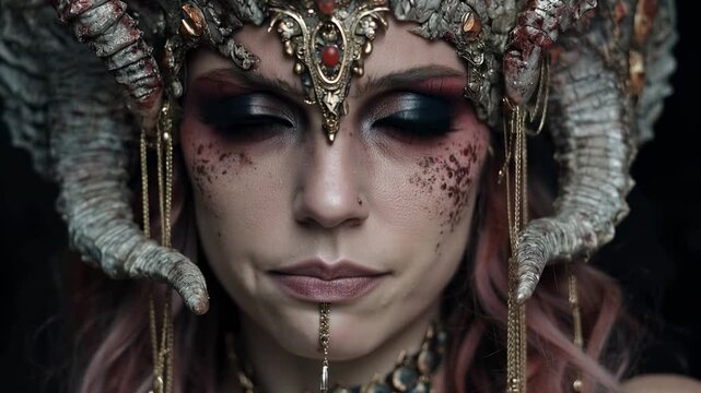 Fantasy woman portrait wearing ornate horned headdress with dramatic makeup and intense gaze