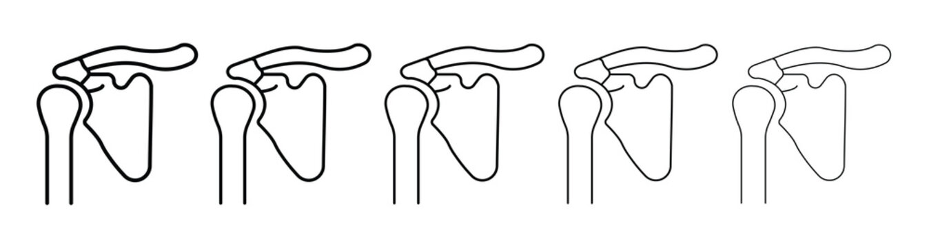 Set of human shoulder joint linear icons with varying stroke thickness. Vector medical graphic.