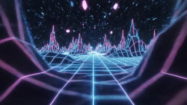 Neon Grid Landscape in Futuristic Digital Space with Glowing Mountains and Stars, Retrowave Aesthetic for Gaming and Technology Concepts