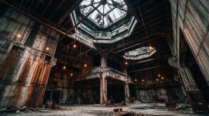 Fototapeta premium Abandoned Industrial Concrete Building Interior with Large Octagonal Skylights and Rusty Walls
