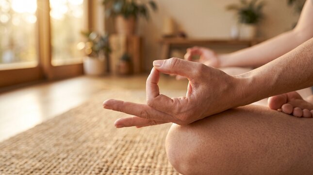 Person Practicing Mindfulness Meditation While Sitting in Lotus Position on a Woven Mat at Home