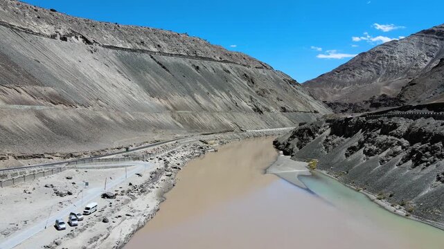 Sangam Point Ladakh Drone View Indus Zanskar Confluence Aerial View Sangam Point Aerial Photography