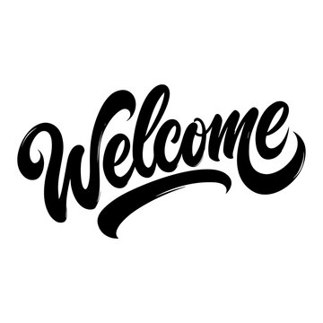 Flat 2D digital illustration of 'Welcome' in cursive typography. Modern typographic design element. Greeting concept artwork.