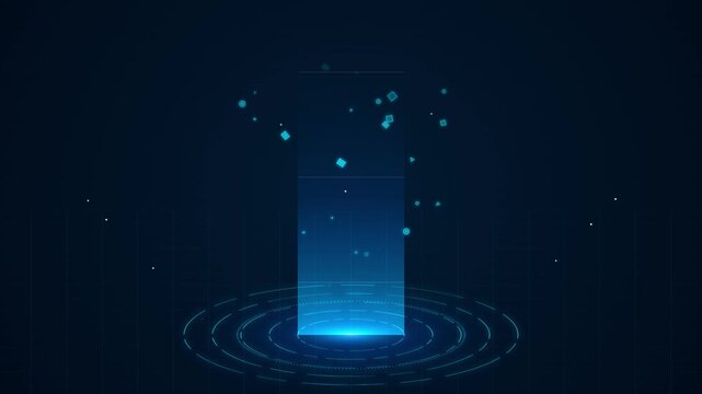 Abstract digital data stream emerging from a glowing blue portal on a dark technological background, futuristic technology concept, data transfer, big data analysis