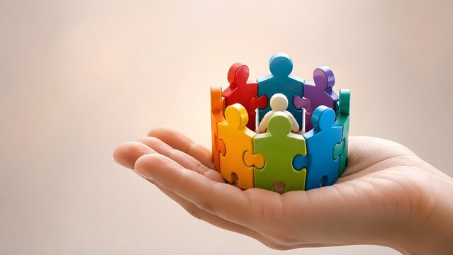 Hand holding colorful puzzle pieces shaped like people forming a circle to represent teamwork, inclusion, unity, and community support.