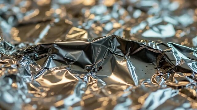 Crinkled silver foil sheet with reflective surface crumpled metallic texture shiny rumpled aluminum wrapping paper