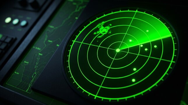 Bright green radar screen with concentric rings, sweeping line, glowing dots tracking signals, navigational map display, real‑time detection technology for aviation maritime operations