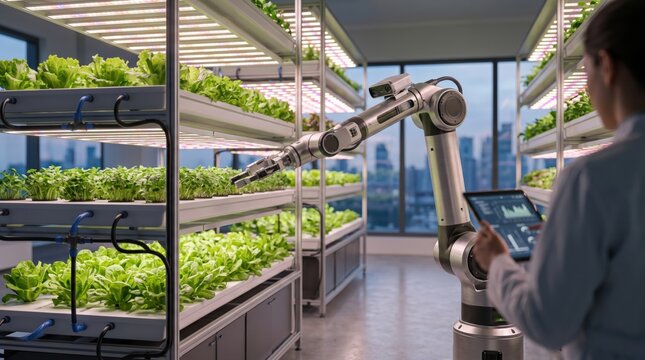 Robotic arm tending vertical hydroponic farm with lettuce plants in high tech laboratory, automated agriculture and future food production technology concept.