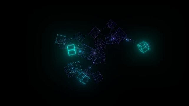 Blockchain Network Abstract Digital Cube Animation with Glowing Data Connections and Futuristic Technology Visualization