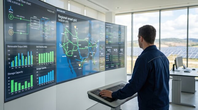 Smart grid control room operator monitoring renewable energy data, power distribution network management dashboard display with charts and maps for sustainable electricity infra...