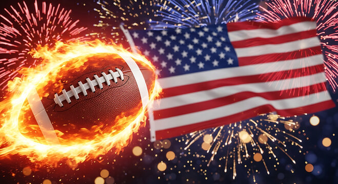 American flag and burning football with fireworks background