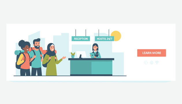 Diverse group of young travelers checking in at a hostel reception desk with a friendly receptionist on duty twenty four hours a day.