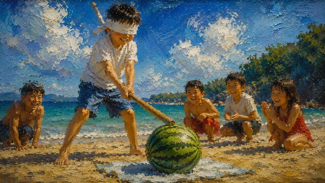 夏のビーチで目隠しをした子供たちがスイカ割りをしている楽しそうな風景の油絵