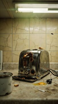 Old Burnt Toaster on Kitchen Counter with Dirty Countertop and Fluorescent Light