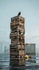 Fototapeta premium Tall Stack of Wooden Crates with Bird and Duck in Industrial Dock Area