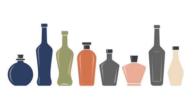 Row of empty glass bottles and jars in different colors and shapes, from rounded potion flasks to tall classic wine bottles.