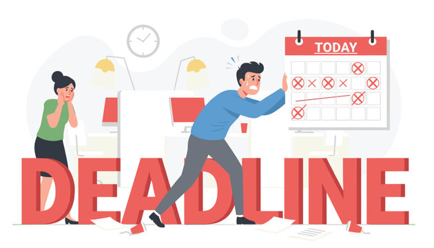 Man and woman working hard under pressure in front of a big red deadline text while tracking tasks on a busy office calendar.