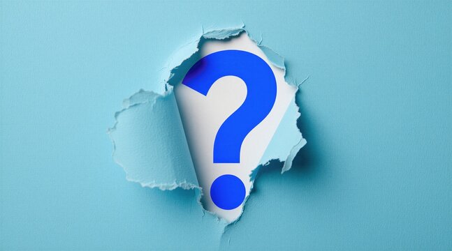 Bright blue question mark visible through torn paper hole. Light blue background texture rips to reveal mystery sign. Abstract concept of problem solving search for answers, discovery. Creative paper