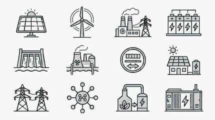 Fototapeta premium Creative Black and White Line Drawing Icons Set Featuring Various Energy Sources and Systems with high quality professional line art symbols for modern creative design and digital branding projects