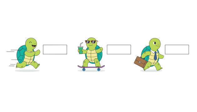 Three cute cartoon turtles showing a running athlete, skateboarder with drink, and a businessman with a tie.