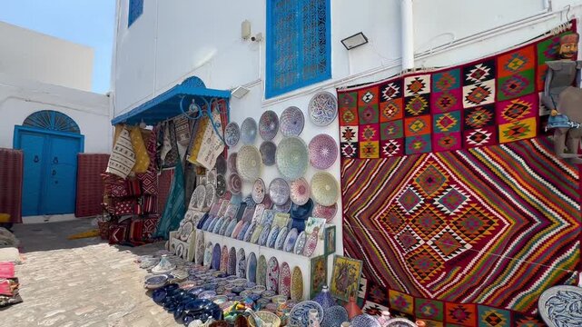 Ceramic plates, bowls, and woven carpets line a quiet stone alley in Sidi Bou Said under bright midday light, showing local craft and market atmosphere. Tunisia.