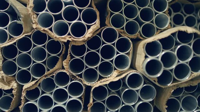 Industrial storage of metal pipes stacked in warehouse for construction and manufacturing purposes.