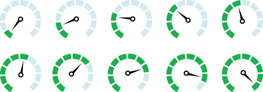 Progress percentage meter. Speedometer indicator, gauge level for speed measurement. Status infographic interface elements. Speedo for low and high progress or risk score. Isolated ui vector set.