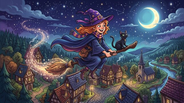 A whimsical digital illustration of a cheerful cartoon witch flying on her broomstick over a quaint, moonlit village, with her trusty black cat.