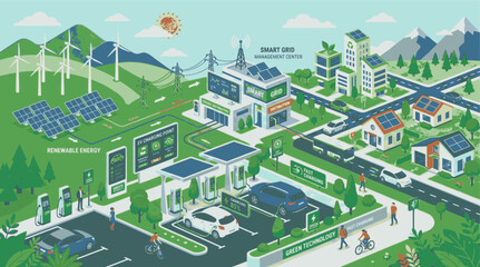 Fototapeta premium Renewable Energy Solar Wind EV Charging Vector