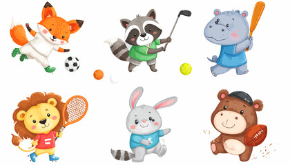 Obraz premium Cute Cartoon Animal Characters Playing Sports Collection Set