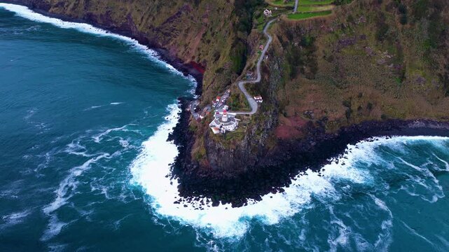 Aerial Shot Over Ponta do Arnel Lighthouse In Sao Miguel Island, Azores, Portugal
