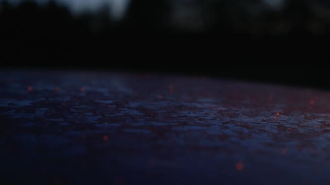 Red and blue emergency lights from a police patrol car flashing and reflecting on the wet roof of a vehicle during a night incident, with a dark, blurry background creating a dramatic mood