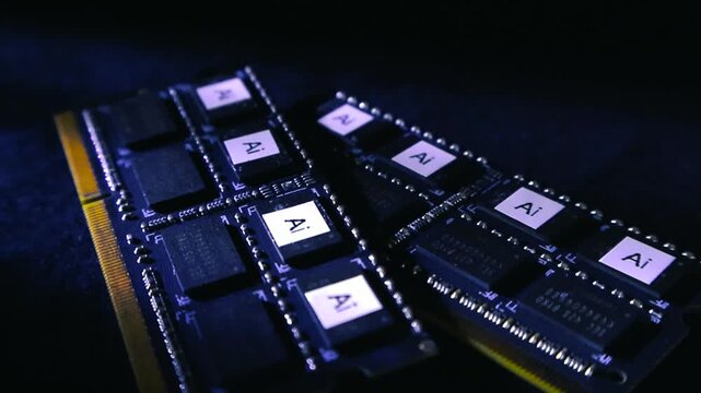 Modern computer RAM memory modules with artificial intelligence logos on microchips, sliding on a black background with shallow depth of field, symbolizing advanced AI technology and innovation