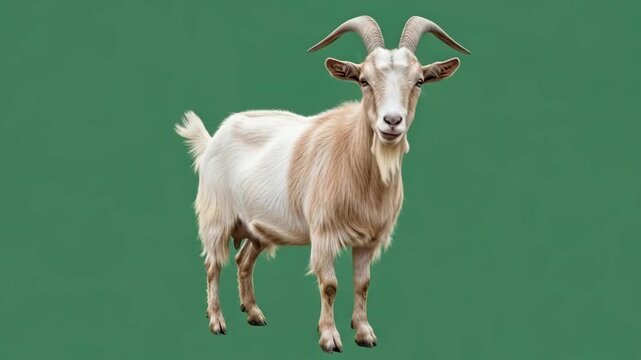 A studio portrait of a majestic goat standing against a solid green background
