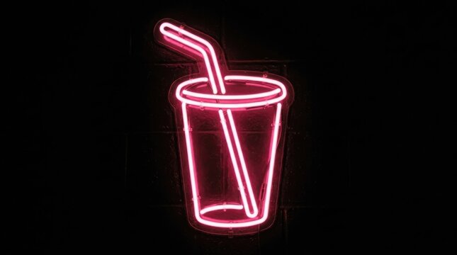 Neon pink cup with straw sign. Glowing beverage icon for cafe bar or restaurant wall decor.