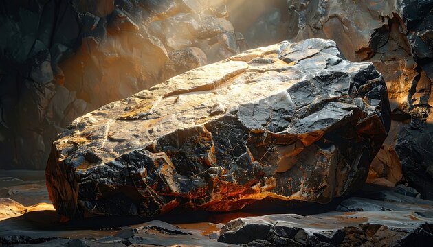 Large Rock Formation in Dark Cave.