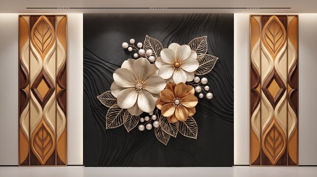 3d wall art featuring elegant metallic flowers and decorative pearl accents on a textured black background with symmetrical wooden side panels