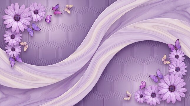 Abstract purple background with 3d effect, featuring elegant flowing marble waves, delicate daisies, and butterflies on a geometric hexagonal pattern