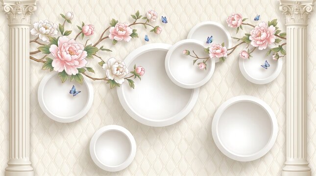 3d wallpaper design with classic white columns, pink peony flowers, and circular frames on a quilted beige background with blue butterflies