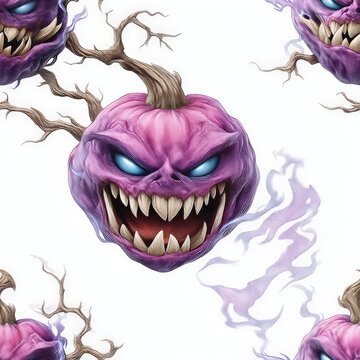 Seamless Pattern of Scariest Purple Pumpkin Monster for Halloween