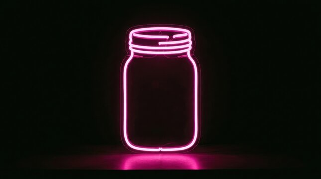 Neon pink jar outline sign. Glowing glass container silhouette isolated on black background.