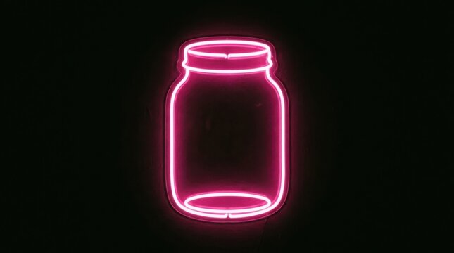 Neon pink jar outline on black background. Glowing glass container icon for modern digital design.