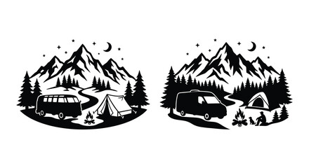 Camping scene with van tent and mountains in a black silhouette campervan trees © APIM02SN