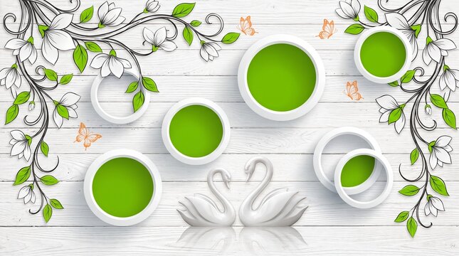 3d wallpaper design with white wooden background, green circular frames, elegant white swans, and floral vine decorations with butterflies