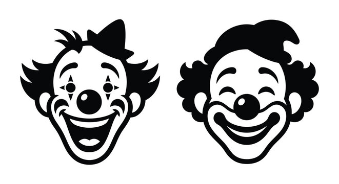 Two clown faces with exaggerated features depicted as a black silhouette clowns circus