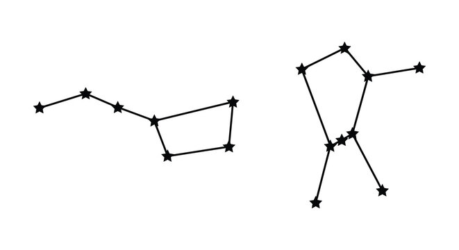 Constellation depictions with connected stars in a black silhouette star pattern chart celestial
