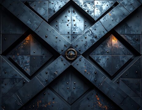 Industrial metal door with rivets and bolts.