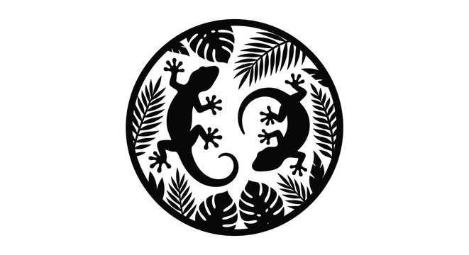 Lizards and tropical foliage within a circular frame black and white silhouette geckos